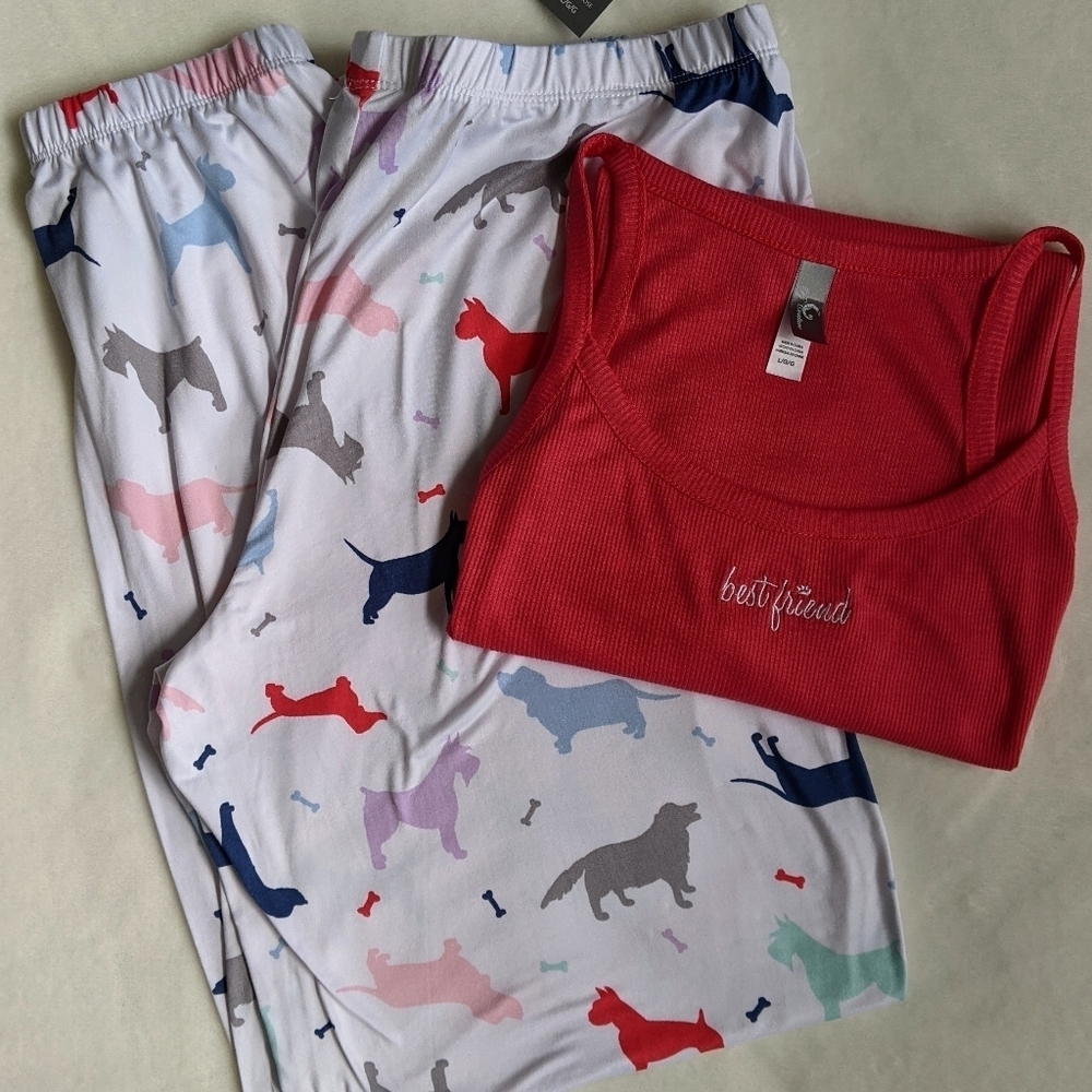 Pj Couture Best Friend Dog Print PJ Set Sleeveless Top Pants Dark Rose L NWT